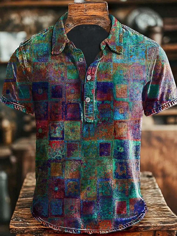 Art Gradient Plaid Print Casual Polo Shirt