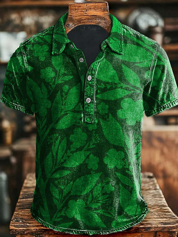 Greenery Floral Print Casual Polo Shirt