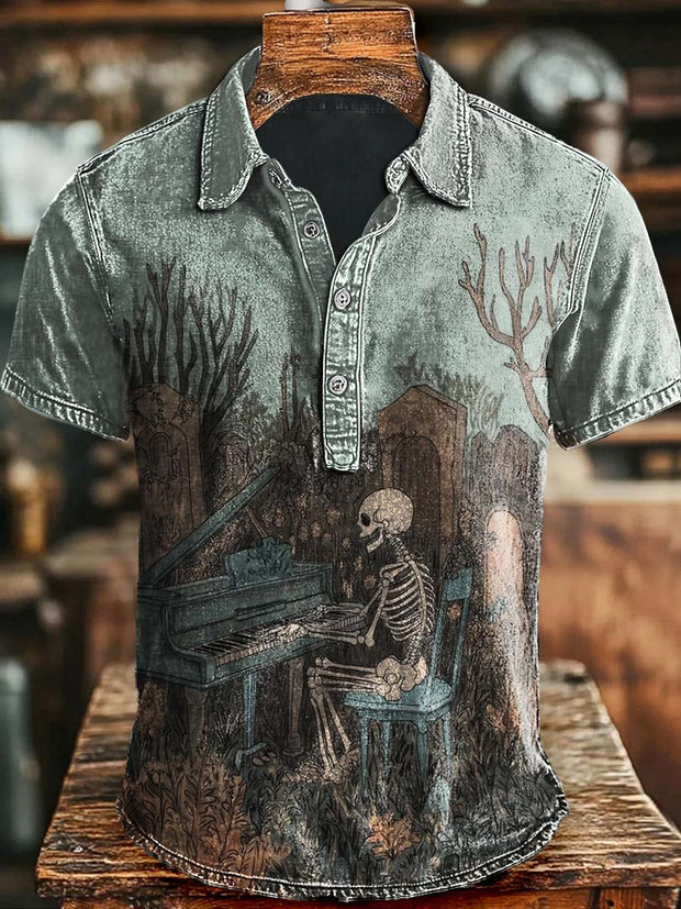 Art Abstract Skull Pianist Print Casual Polo Shirt