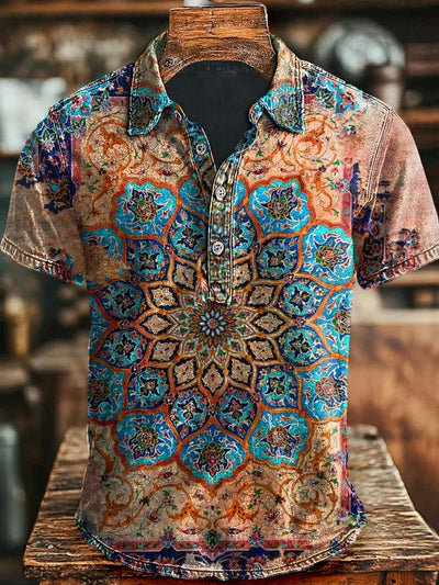 Vintage Ethic Art Print Causal Short Sleeve Polo T-shirt