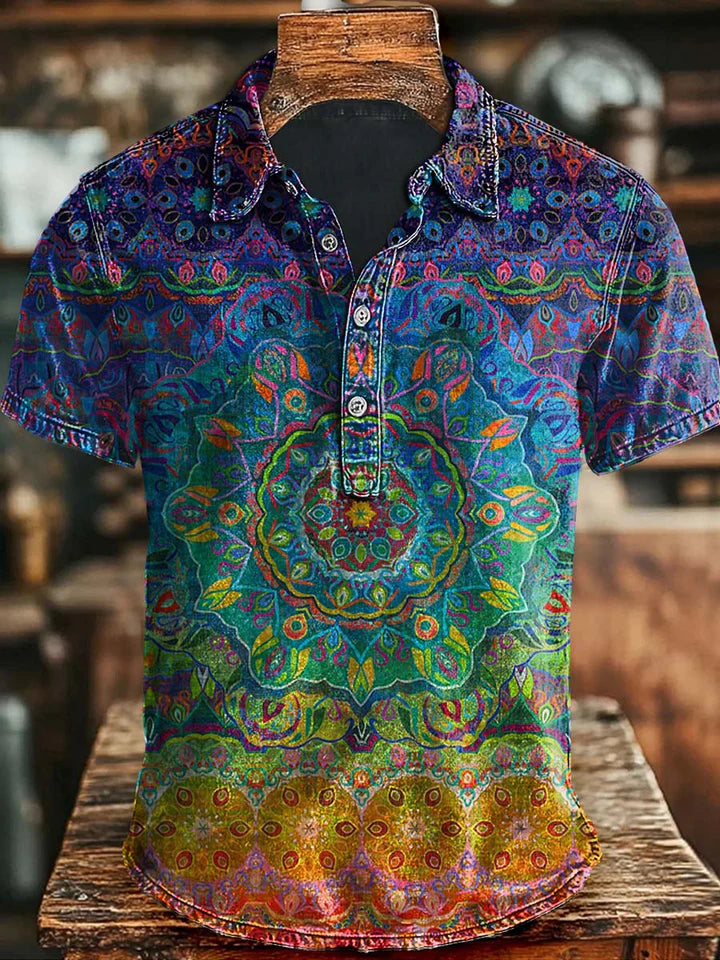 Vintage Art Abstract Colorful Floral Print Casual Polo Shirt