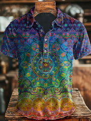 Vintage Art Abstract Colorful Floral Print Casual Polo Shirt