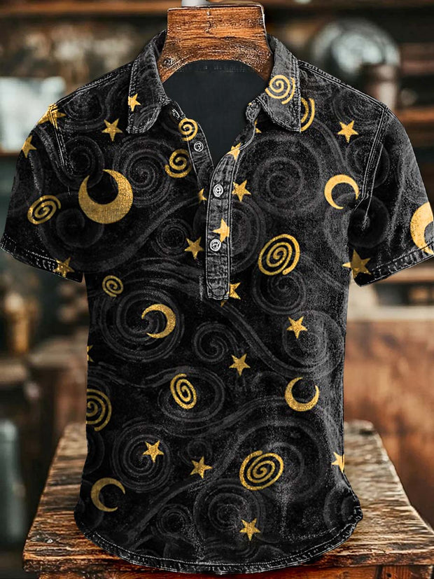 Star and Moon Print Casual and Stylish Short-Sleeved Polo Shirt