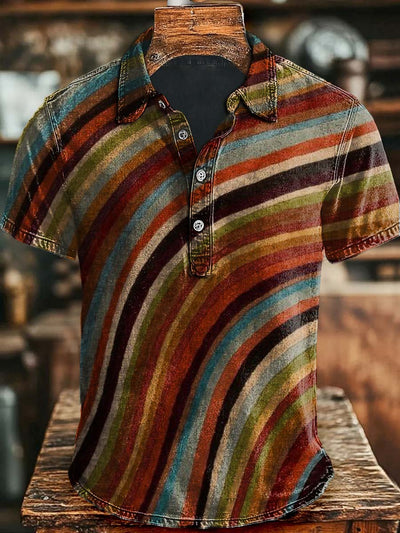 Vintage Striped Print Casual and Stylish Short-Sleeved Polo Shirt