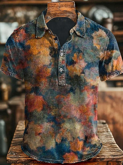 Vintage Leaf Print Casual and Stylish Short-Sleeved Polo Shirt