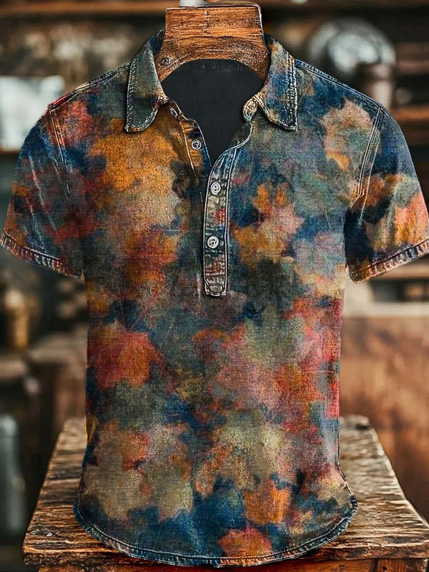 Vintage Leaf Print Casual and Stylish Short-Sleeved Polo Shirt