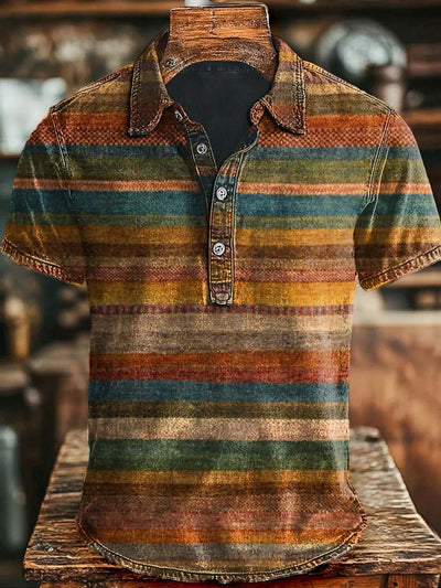 Vintage Striped Print Casual and Stylish Short-Sleeved Polo Shirt