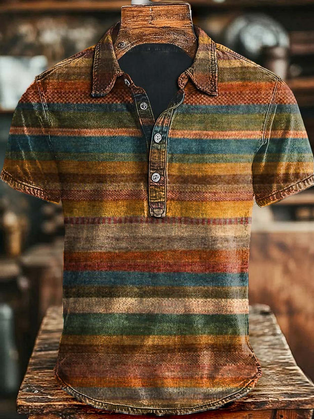 Vintage Striped Print Casual and Stylish Short-Sleeved Polo Shirt