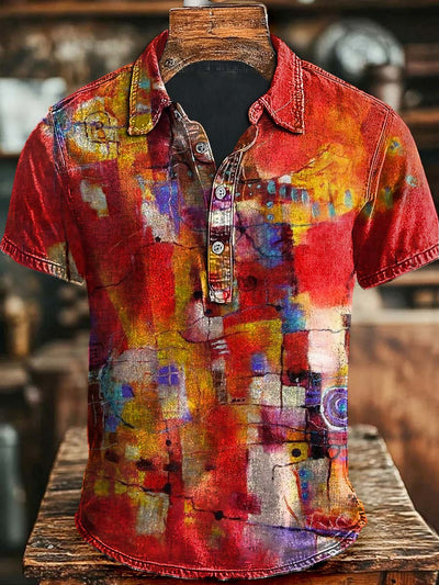 Vintage Art Color Block Print Casual Short Sleeve Polo Shirt