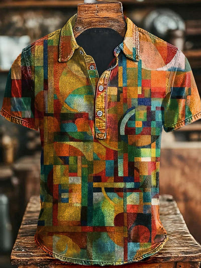Vintage Art Irregular Geometric Print Casual Short Sleeve Polo Shirt