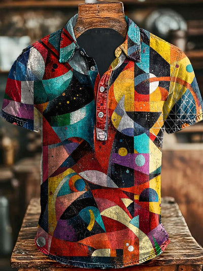 Vintage Art Irregular Geometric Print Casual Short Sleeve Polo Shirt