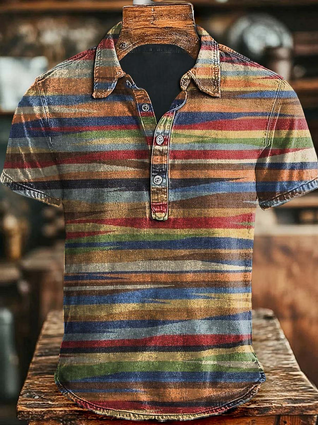 Vintage Colorful Irregular Stripe Printed Casual Short Sleeve Polo Shirt