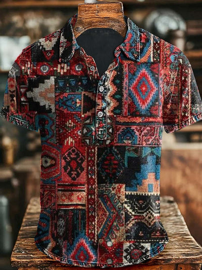 Vintage Art Geometric Patchwork Printed Casual Short Sleeve Polo Shirt