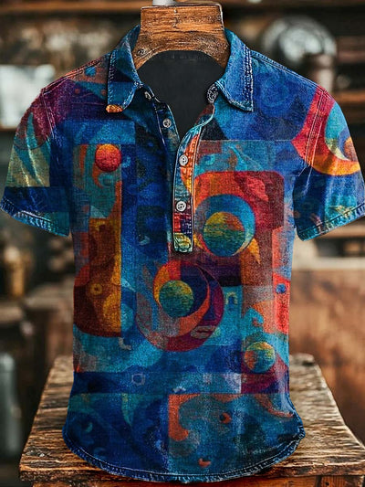 Vintage Art Geometric Patchwork Printed Casual Short Sleeve Polo Shirt