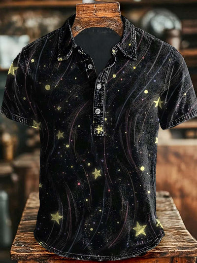 Galaxy Star Print Casual Short Sleeve Polo Shirt