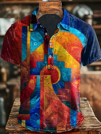 Vintage Art Geometric Patchwork Printed Casual Short Sleeve Polo Shirt