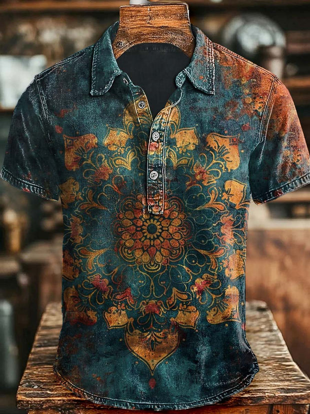 Vintage Mandala Print Casual Short Sleeve Polo Shirt