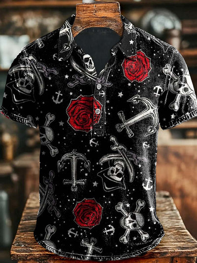 Vintage Rose Skull Print Casual Short Sleeve Polo Shirt