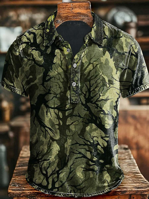 Abstract Tree Branch Print Casual Short Sleeve Polo Shirt