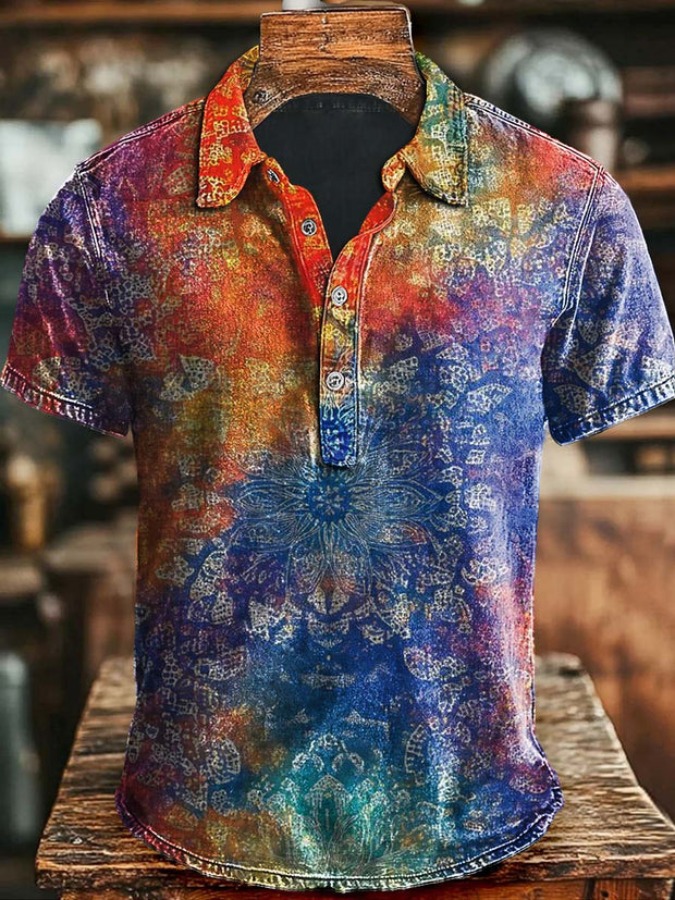 Colorful Mandala Print Casual Short Sleeve Polo Shirt