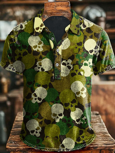 Abstract Camouflage Skull Print Casual Short Sleeve Polo Shirt
