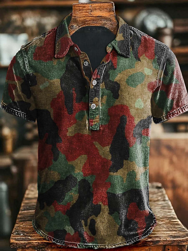 Abstract Camouflage Print Casual Short Sleeve Polo Shirt