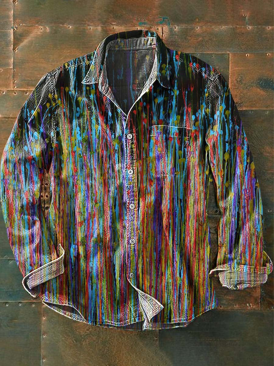 Men's Art Color Line Painting Print Casual Long Sleeve Shirt
