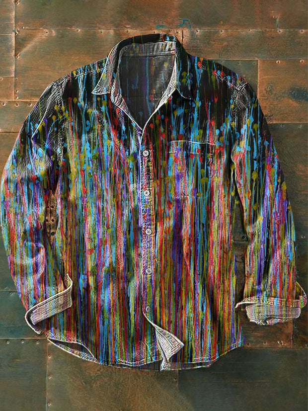 Men's Art Color Line Painting Print Casual Long Sleeve Shirt