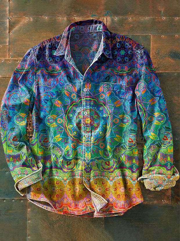 Men's Color Gradient Mandala Print Casual Long Sleeve Shirt