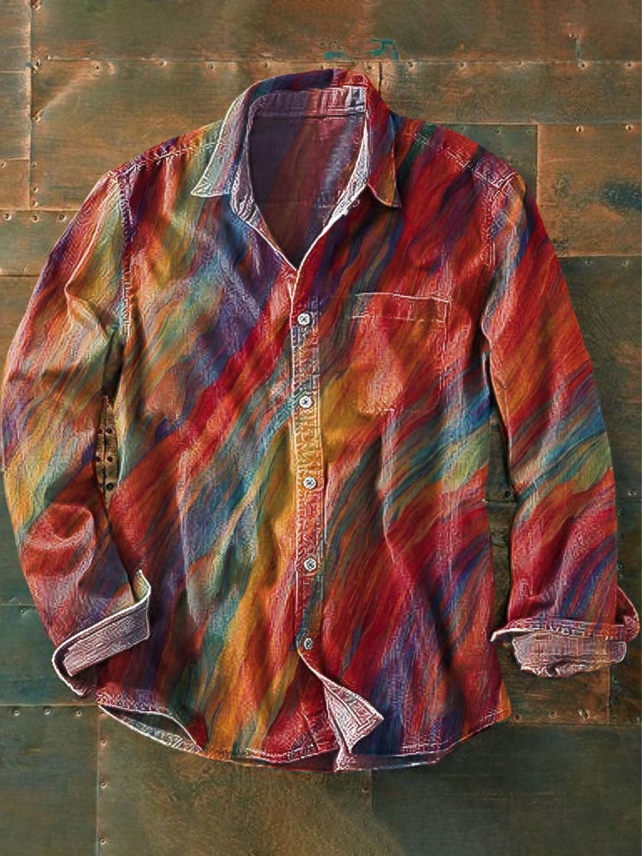 Men's Art Color Stripe Print Casual Long Sleeve Shirt