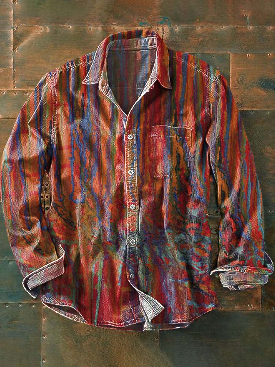 Men's Art Color Stripe Print Casual Long Sleeve Shirt