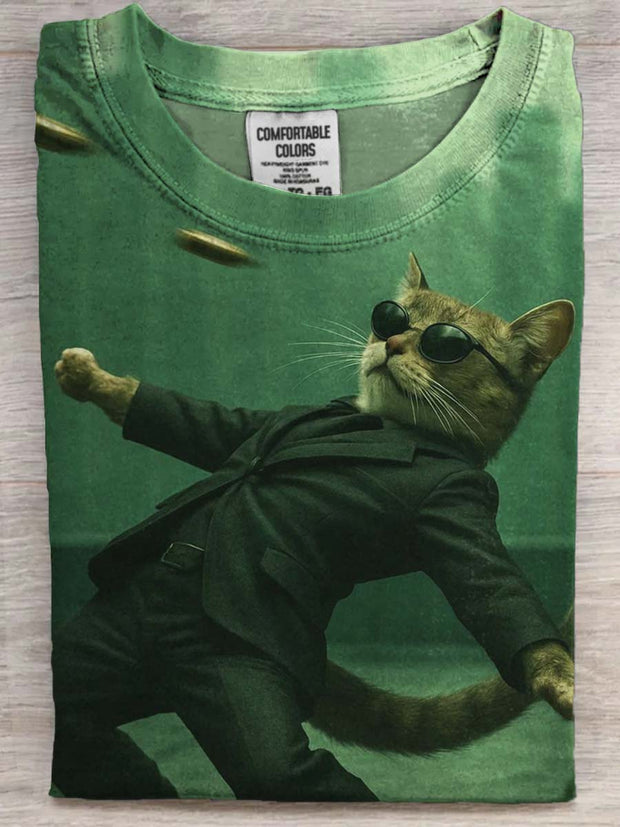 Matrix Meow Print Casual Short Sleeve T-Shirt