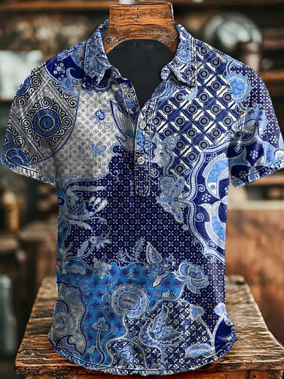 Vintage Art Irregular Pattern Casual Printed Short Sleeve Polo Shirt