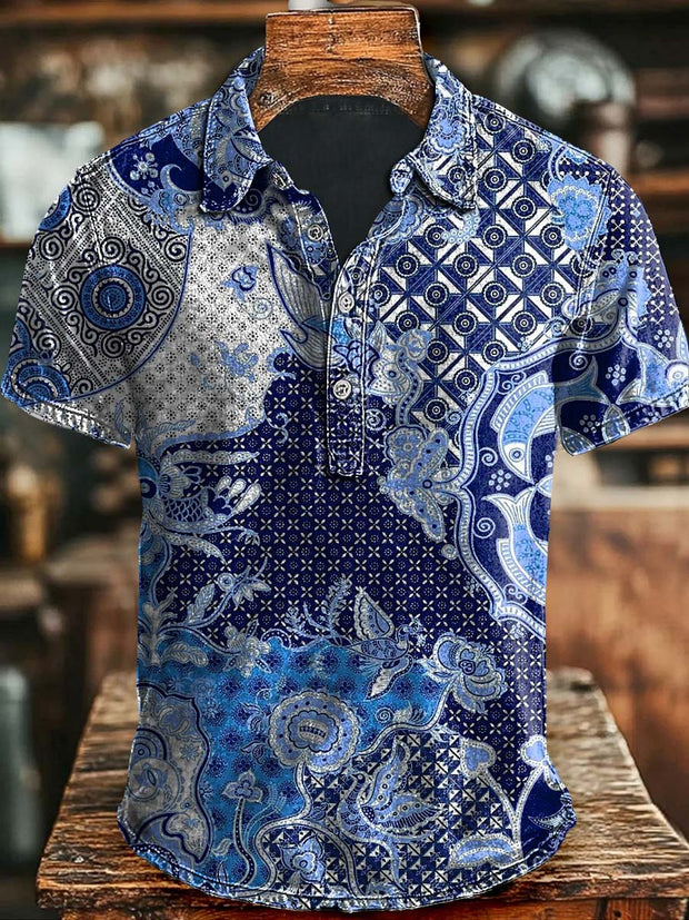 Vintage Art Irregular Pattern Casual Printed Short Sleeve Polo Shirt