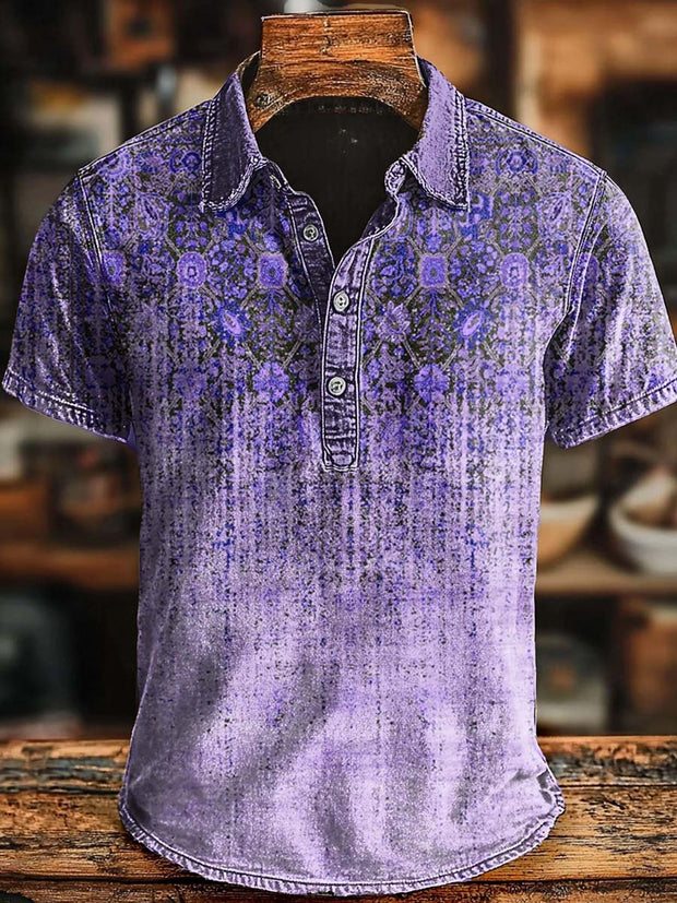 Retro Ethnic Gradient Art Print Casaul Short SLeeve Polo Shirt