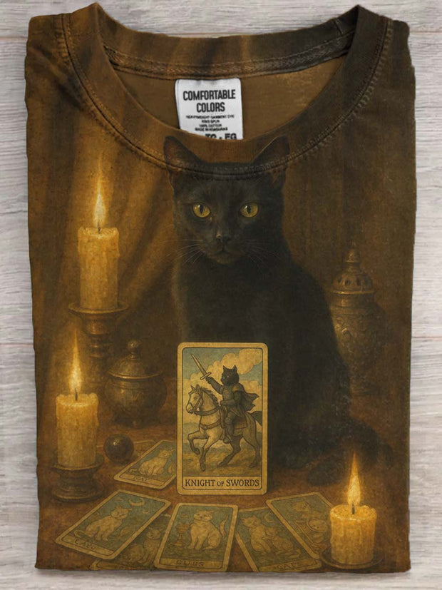 Tarot Cat Print Casual Short Sleeve T-Shirt