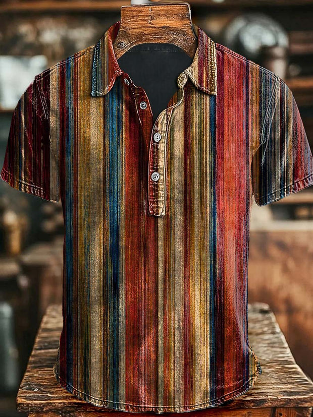 Art Retro Stripe Casual Printed Short Sleeve Polo Shirt