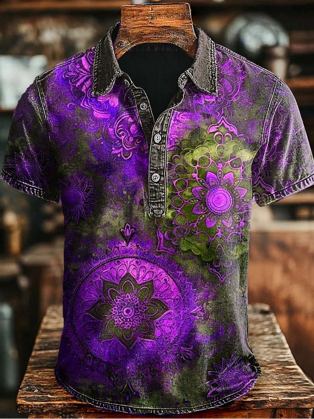 Retro Mandala Print Casaul Short SLeeve Polo Shirt