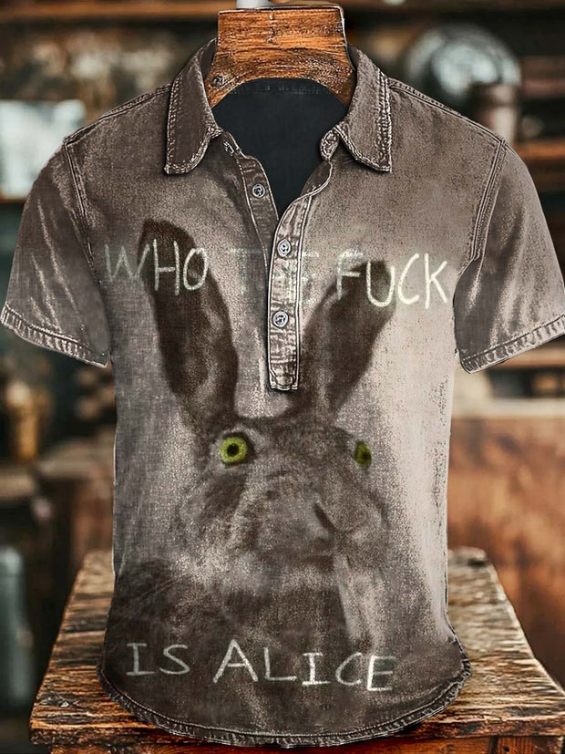Funny Smoking Rabbit Print Casual Short Sleeve Polo Shirt
