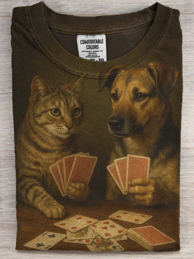 Funny Cat and Dog Playing Card Print Casual Short Sleeve T-Shirt