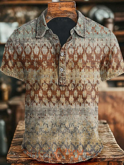 Vintage Geometric Print Short Sleeve Polo Shirt
