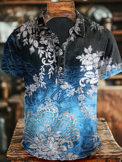 Vintage Gradient Floral Print Short Sleeve Polo Shirt