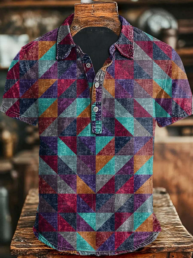 Half Square Triangle Fun Print Short Sleeve Polo Shirt