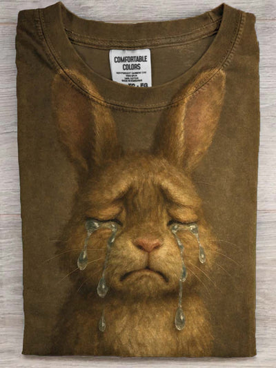 Sad Crying Bunny Print Casual Short Sleeve T-Shirt
