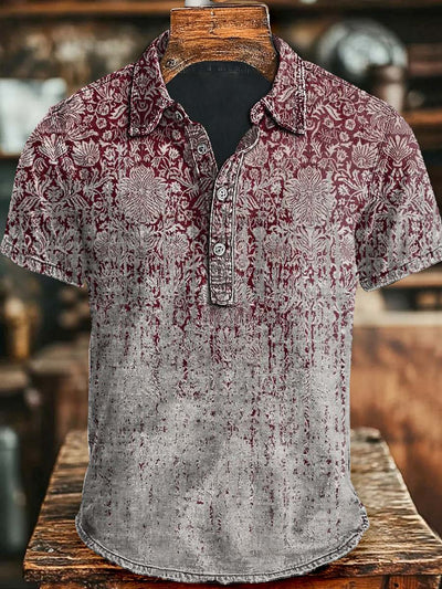 Vintage Gradient Floral Print Short Sleeve Polo Shirt