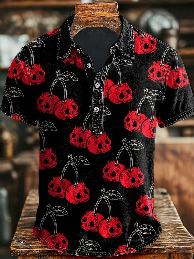 Cherry Skull Print Short Sleeve Polo Shirt