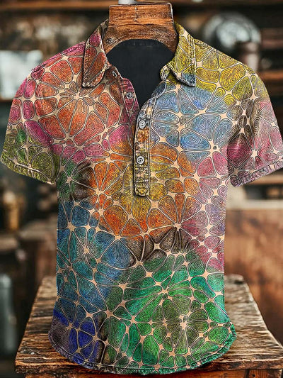 Vintage Art Colorful Floral Casual Printed Short Sleeve Polo Shirt