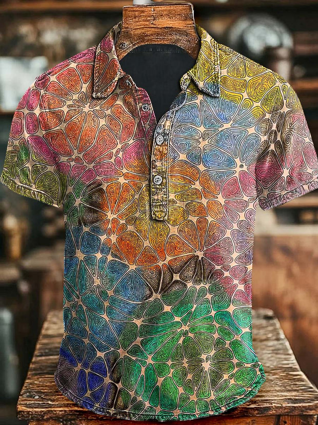 Vintage Art Colorful Floral Casual Printed Short Sleeve Polo Shirt