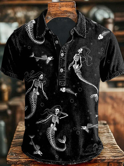 Mermaid Skull Casual Print Short Sleeve Polo Shirt