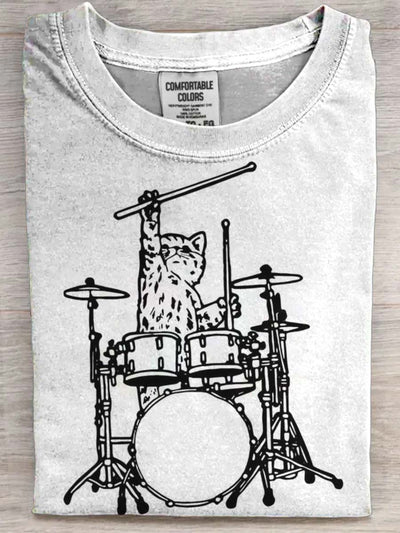Cute Cat Drums Casual Printed Short Sleeve T-Shirt